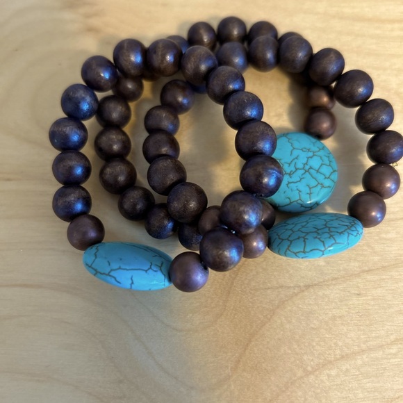 22.5cm - Dark wooden beads with faux turquoise - 22.5 cm diameter bracelet - Picture 1 of 3